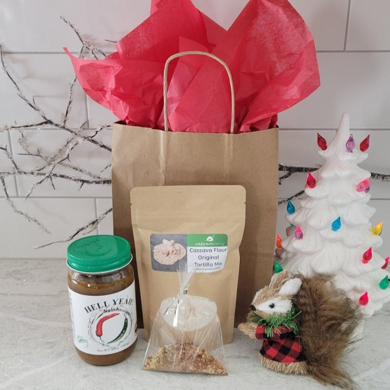 Taco Lovers Gift Bundle. Comes with one original tortilla mix, 1 taco seasoning, and 1 local salsa from Hell Yeah in a gift bag..