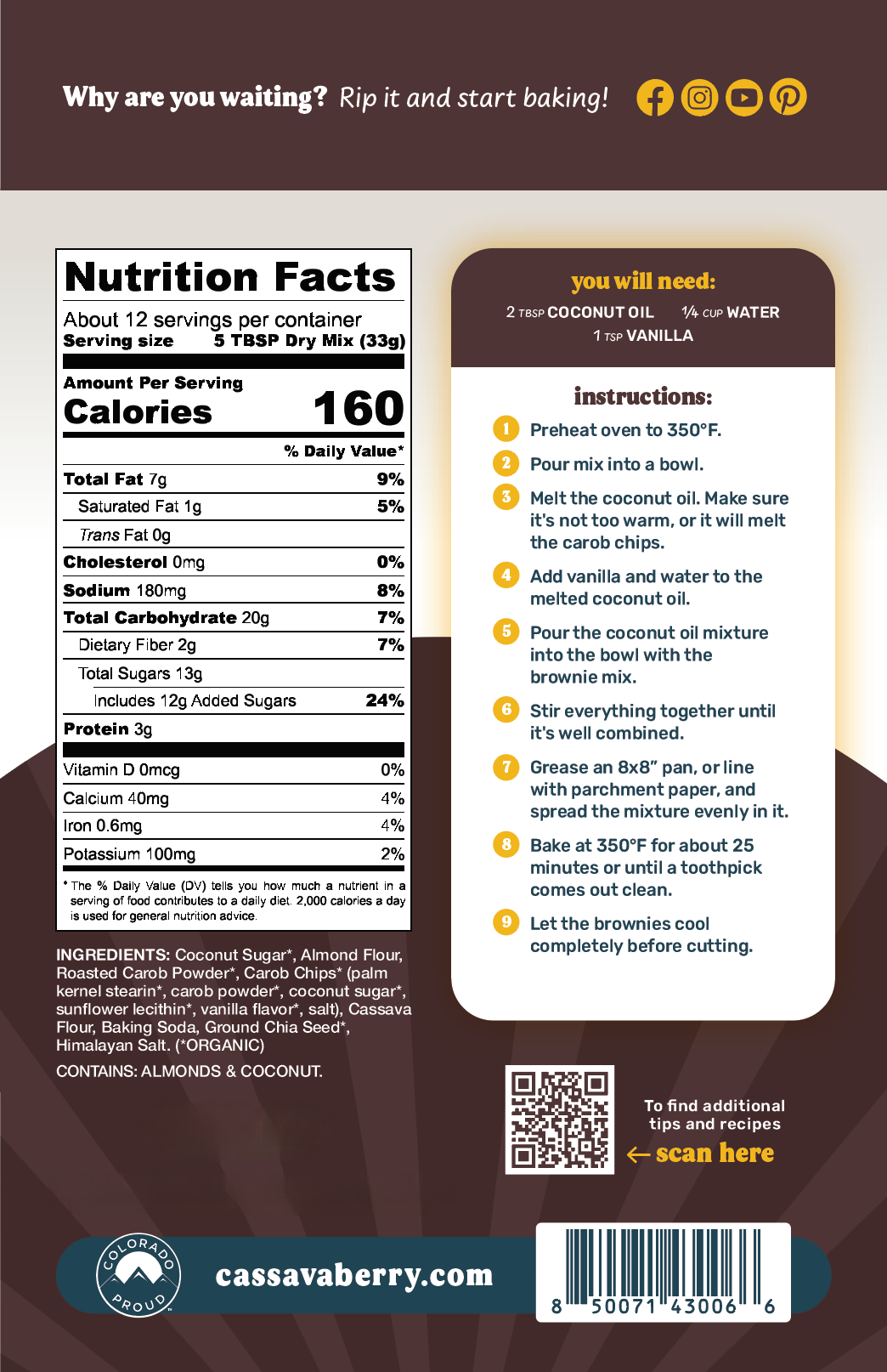 Cassavaberry Gluten Free, Grain Free and Vegan Carob Brownie Mix back of package.