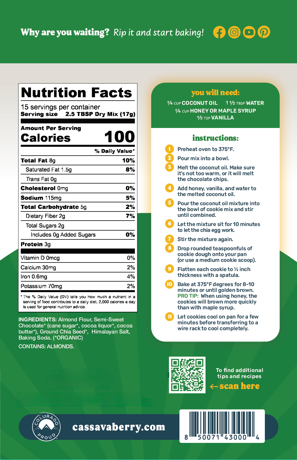 Cassavaberry Gluten free, grain free and vegan Chocolate Chip Cookie Mix back of package.