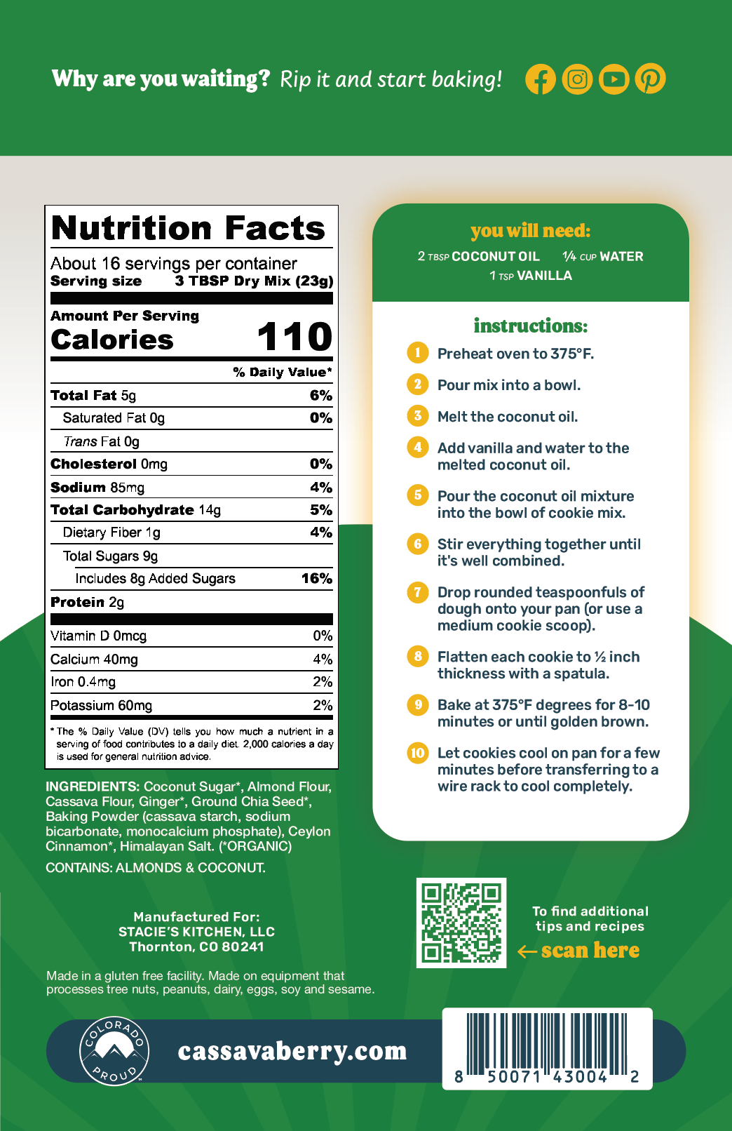 Cassavaberry Gluten Free, Grain Free and Vegan Ginger Snap Cookie Mix back of package.