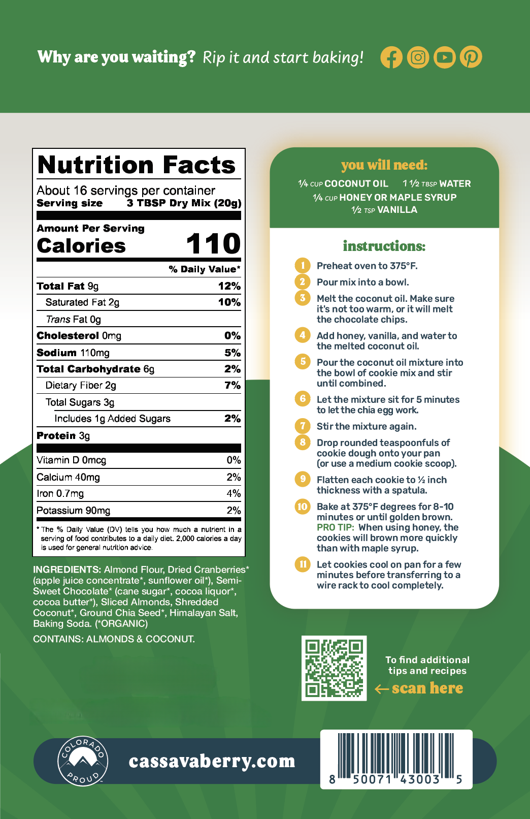Cassavaberry Gluten free, grain free and vegan Loaded Cookie Mix back of package.