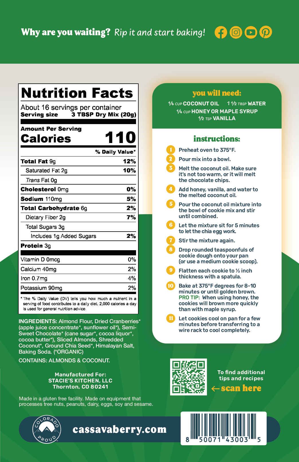 Cassavaberry Gluten free, grain free and vegan Loaded Cookie Mix back of package.