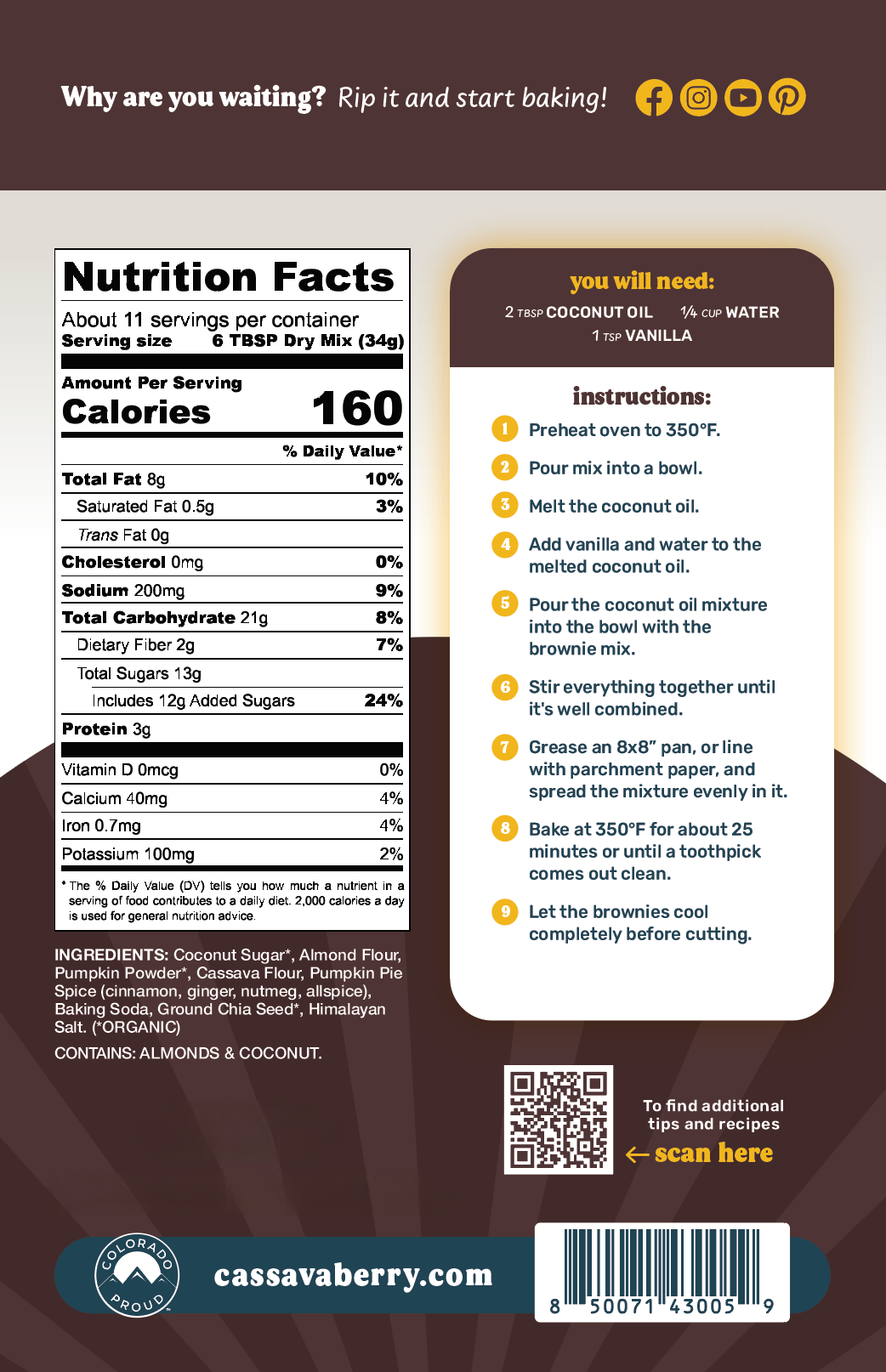 Cassavaberry Gluten Free, Grain Free, and Vegan Pumpkin Spice Brownies Mix back of package.