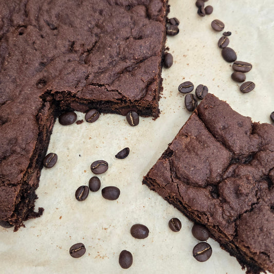 Cassavaberry coffee brownies with coffee beans sprinkled around