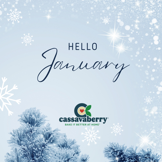 light blue picture with snowflakes, frost covered pine trees at the bottom, with the words Hello January and Cassavaberry's logo. 