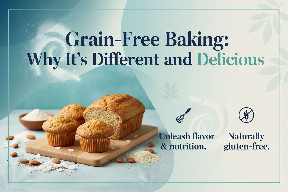 Grain-Free Baking: Why It's Different and Delicious. Baking muffins and a loaf of bread with a slice out of it on a cutting board with a blue background and ingredients sprinkled arount.