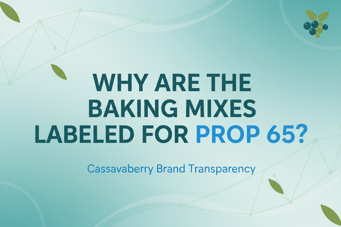 Blue graphic with white lines, green leaves and blue berries with the question: Why are the baking mixes labeled for Prop 65?