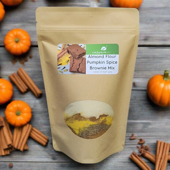 Grain-free almond flour pumpkin spice brownie mix package. Makes an 8x8 inch pan.