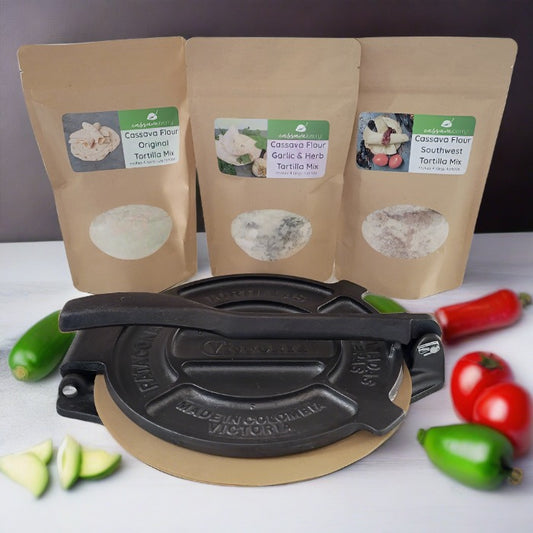 Tortilla Mix Gift Box. Complete with one of each tortilla mixes, an 8-inch cast-iron tortilla press and 10 parchment paper circles to get you started!