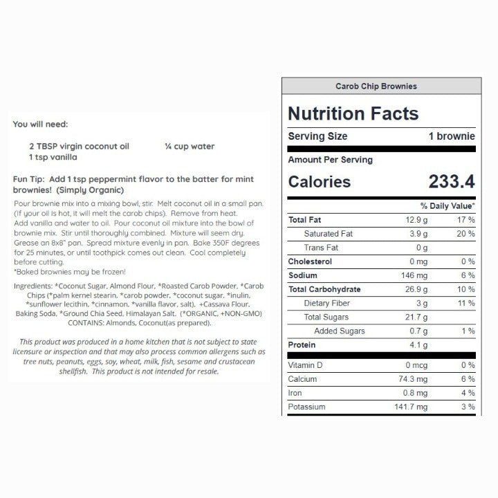 Carob brownie directions, ingredients and nutrition facts label.