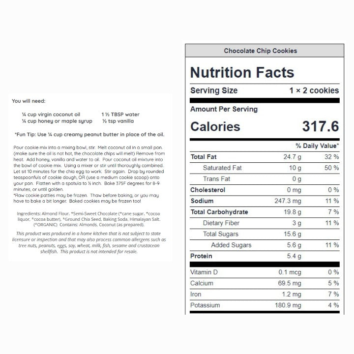 Chocolate Chip Cookie directions, ingredients and nutrition facts label.