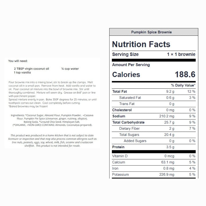 Pumpkin spice brownie directions, ingredients and nutrition facts label.