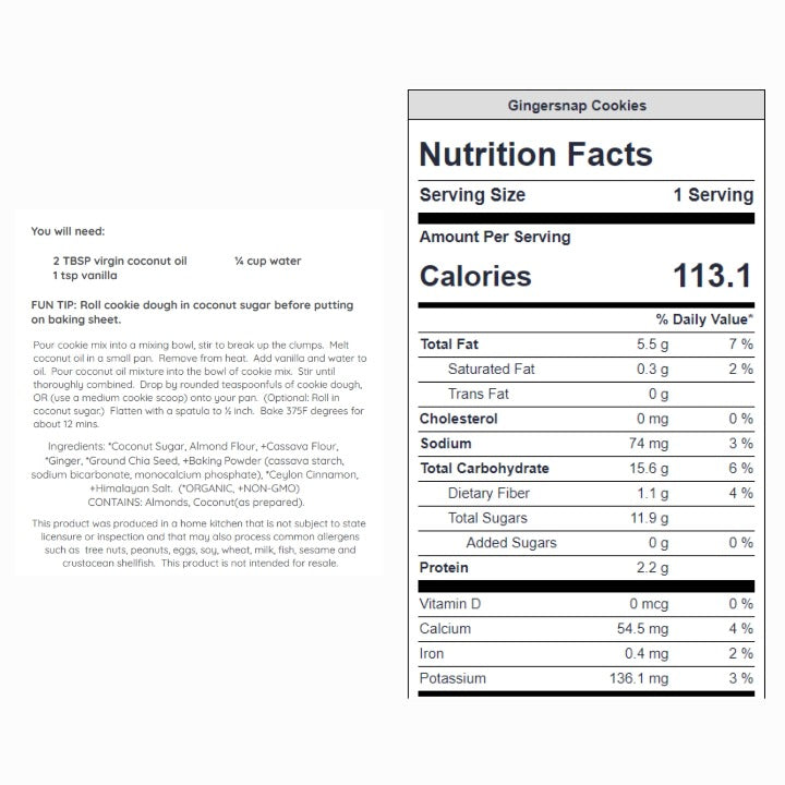 Gingersnap cookie mix directions, ingredients and nutrition facts label.