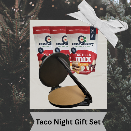 Taco Night Gift Set with tortilla press and 3 Cassavaberry tortilla mix packages against a Christmas tree background.