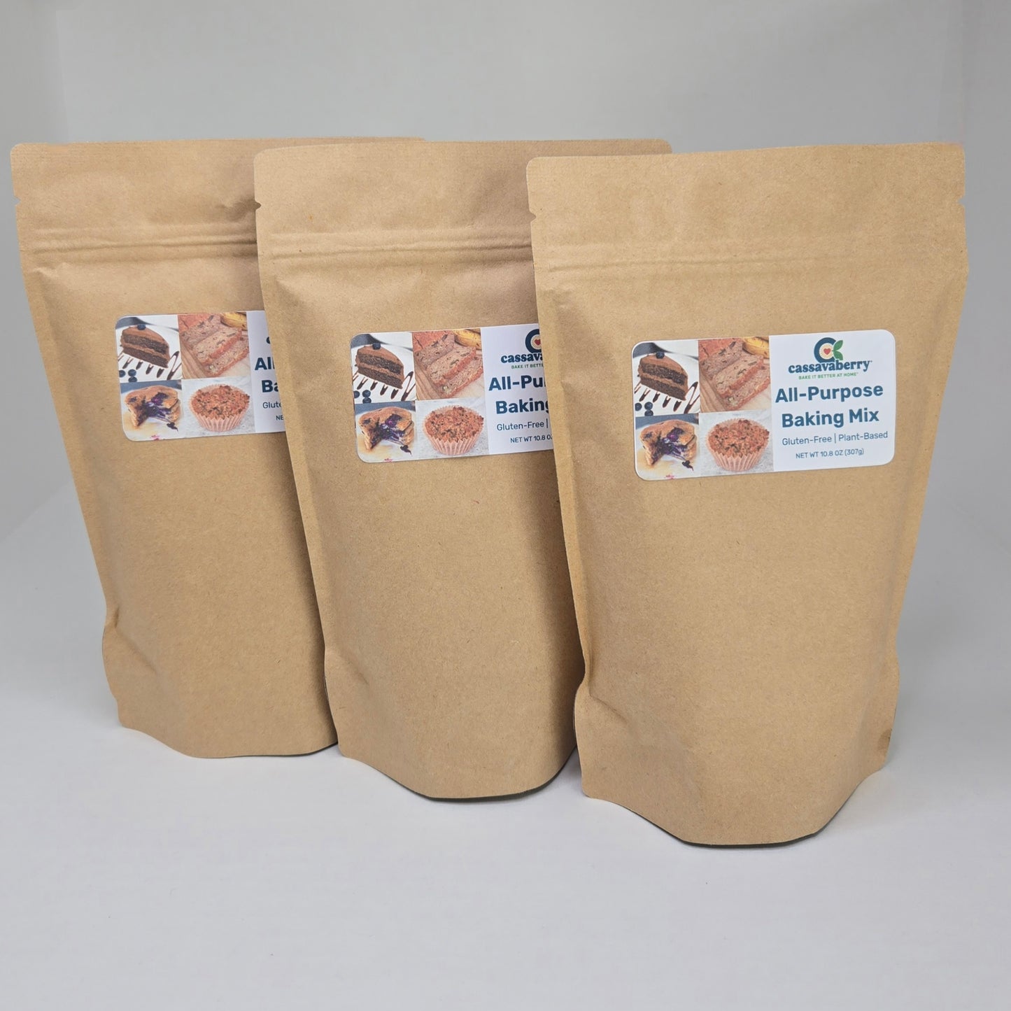 Three Cassavaberry All-Purpose Baking Mixes on a white background.