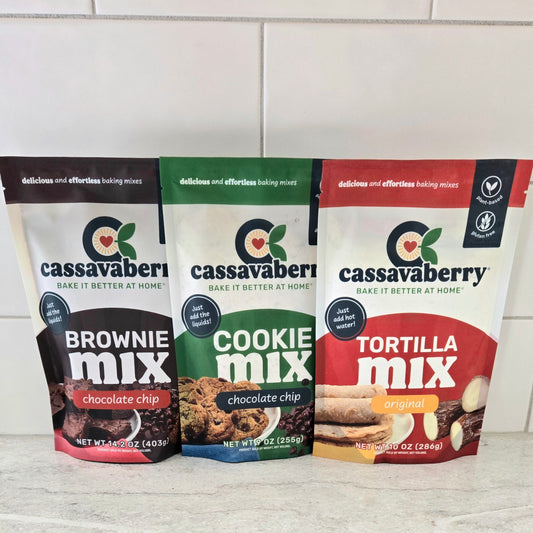 Cassavaberry Gluten Free, Grain Free, and Plant Based Chocolate Chip Brownie Mix, Chocolate Chip Cookie Mix and Tortilla Mix.