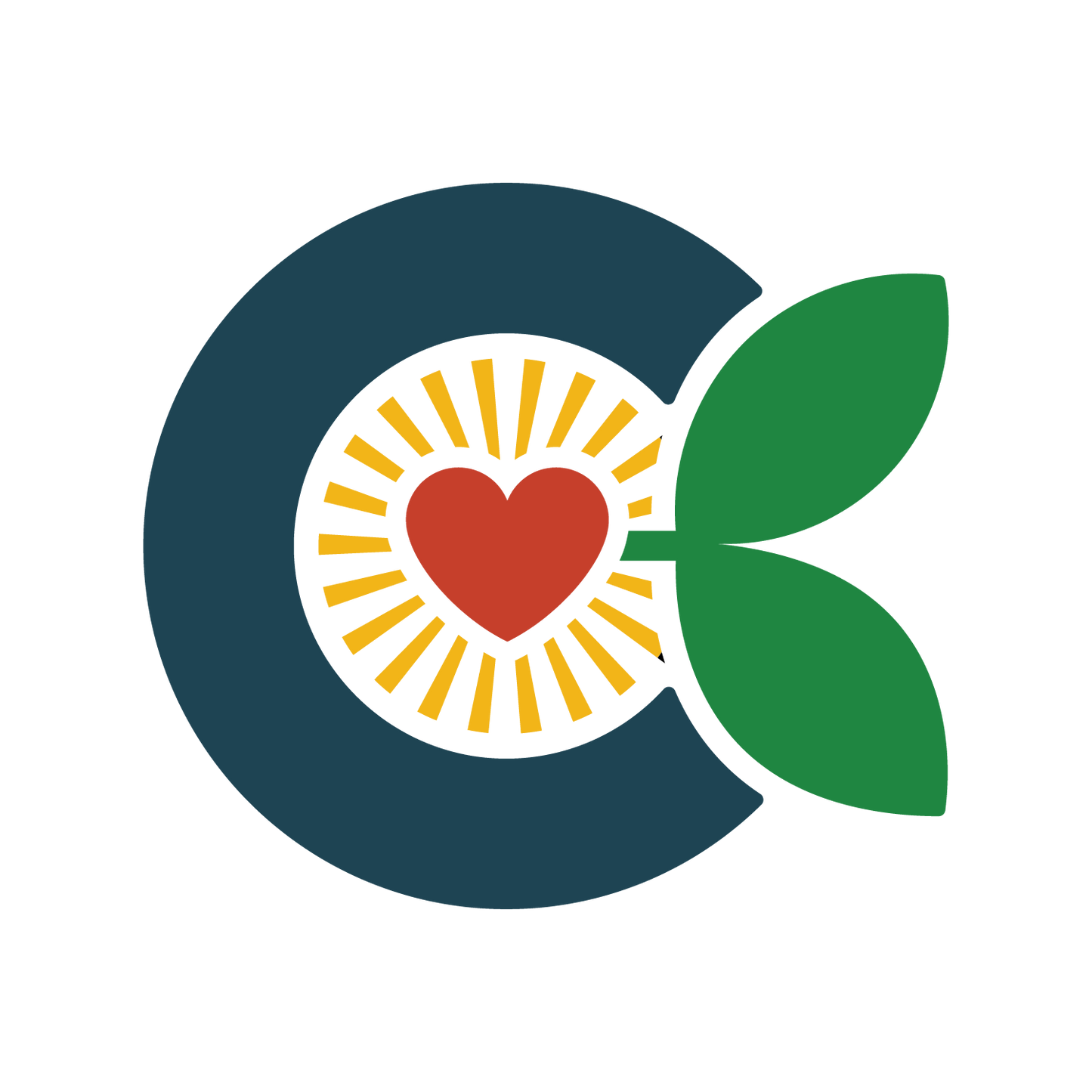 Cassavaberry logo. In the middle of the letter C are yellow sun rays expanding from a red heart in the center. There are two green leaves growing out of the heart on the right side of the letter C.