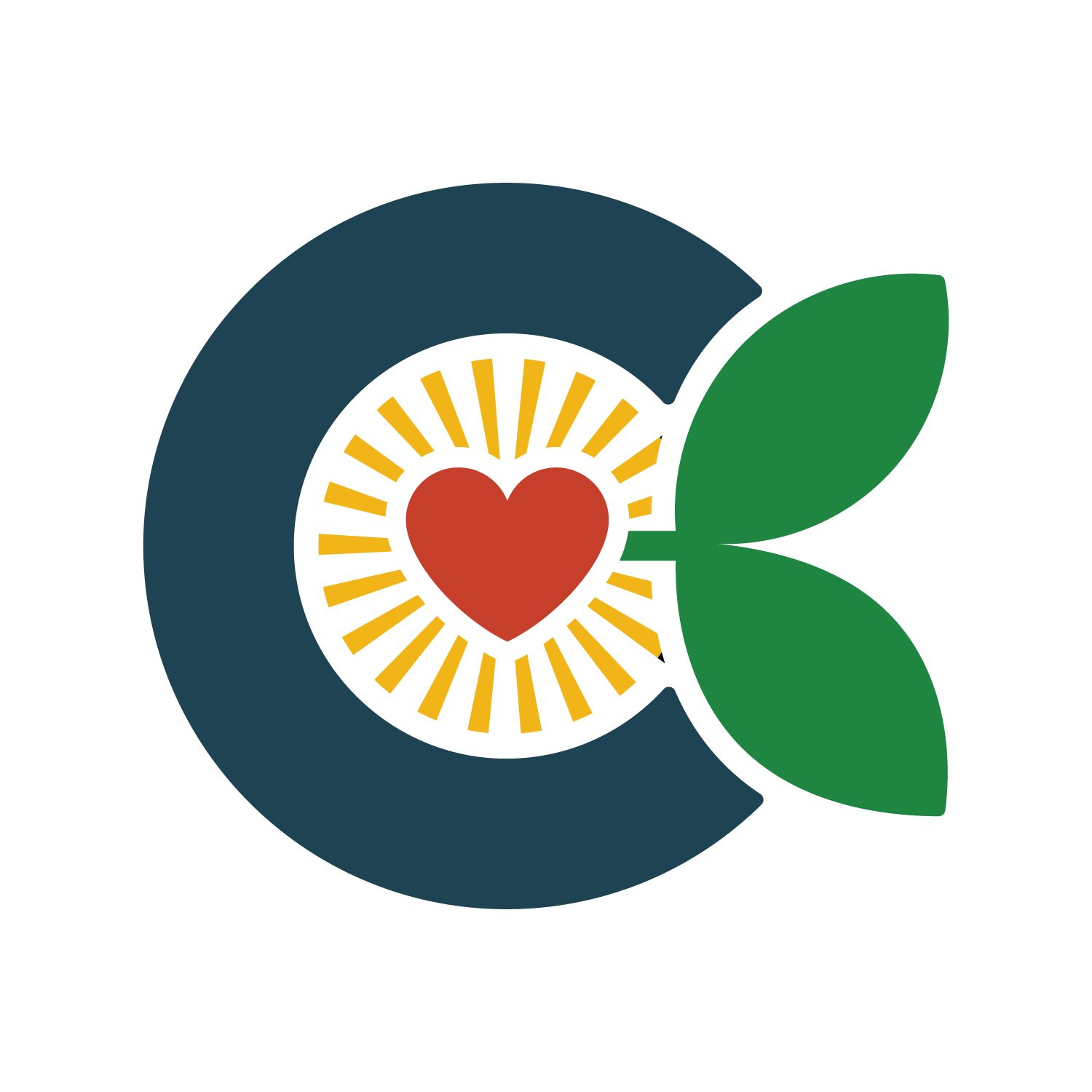 Cassavaberry logo. In the middle of the letter C are yellow sun rays expanding from a red heart in the center. There are two green leaves growing out of the heart on the right side of the letter C.