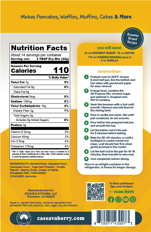 The back of Cassavaberry's All-Purpose Baking Mix package. A banana bread recipe with a nutrition facts panel, ingredients list, and step-by-step instructions, shown on a white background with the brand name cassavaberry.com at the bottom.