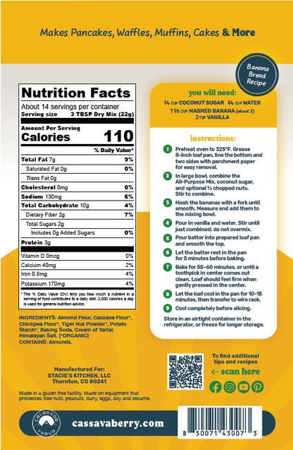 The back of Cassavaberry's All-Purpose Baking Mix package. A banana bread recipe with a nutrition facts panel, ingredients list, and step-by-step instructions, shown on a white background with the brand name cassavaberry.com at the bottom.