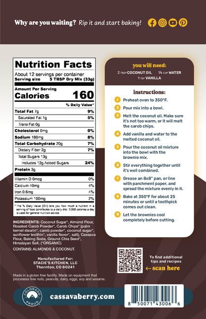 Cassavaberry Carob Brownie Mix back of package. 