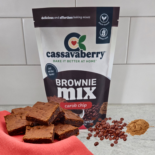 Front of Cassavaberry Gluten Free, Grain Free and Vegan Carob Brownie Mix package. 