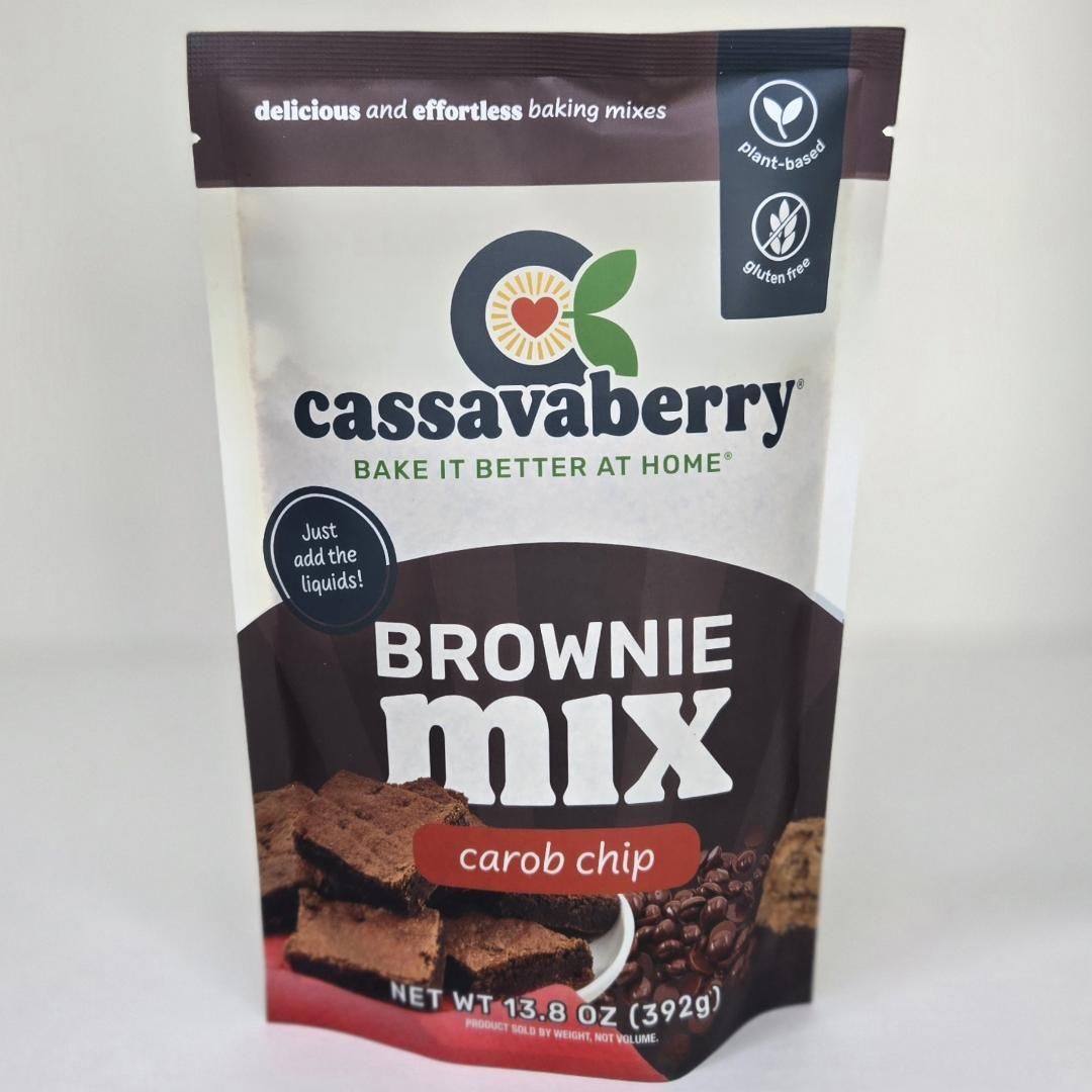 Cassavaberry Gluten Free, Grain Free, Plant Based Carob Chip Brownie Mix front of package.