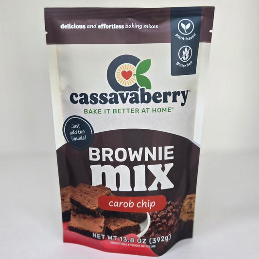 Cassavaberry Gluten Free, Grain Free, Plant Based Carob Chip Brownie Mix front of package.
