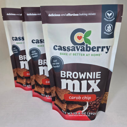 Four packages of cassavaberry brownie mix with a focus on one package.