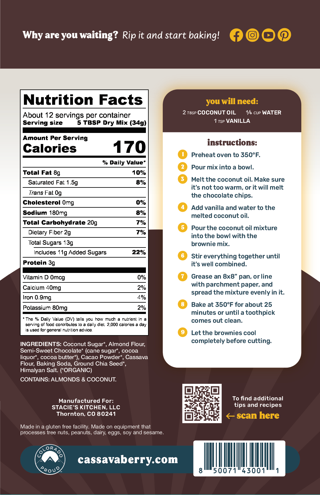Cassavaberry Gluten Free, Grain Free and Vegan Chocolate Chip Brownie Mix back of package.