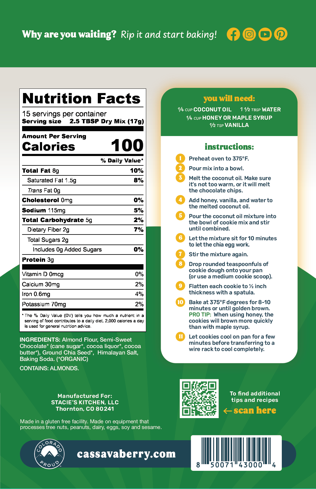 Cassavaberry Gluten free, grain free and vegan Chocolate Chip Cookie Mix back of package.