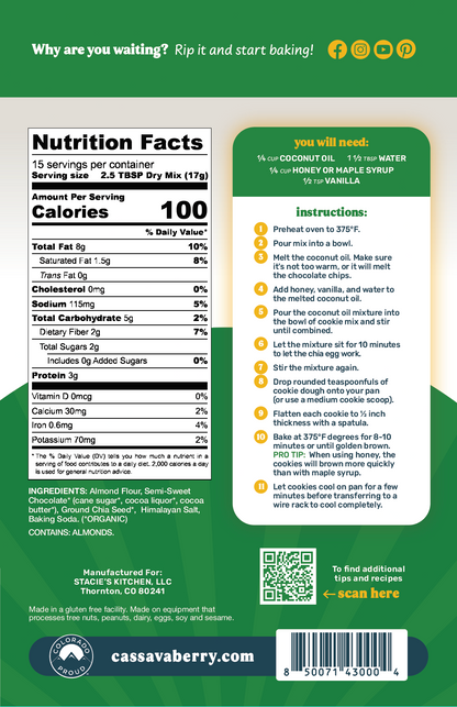 Cassavaberry Chocolate Chip Cookie Mix back of package.