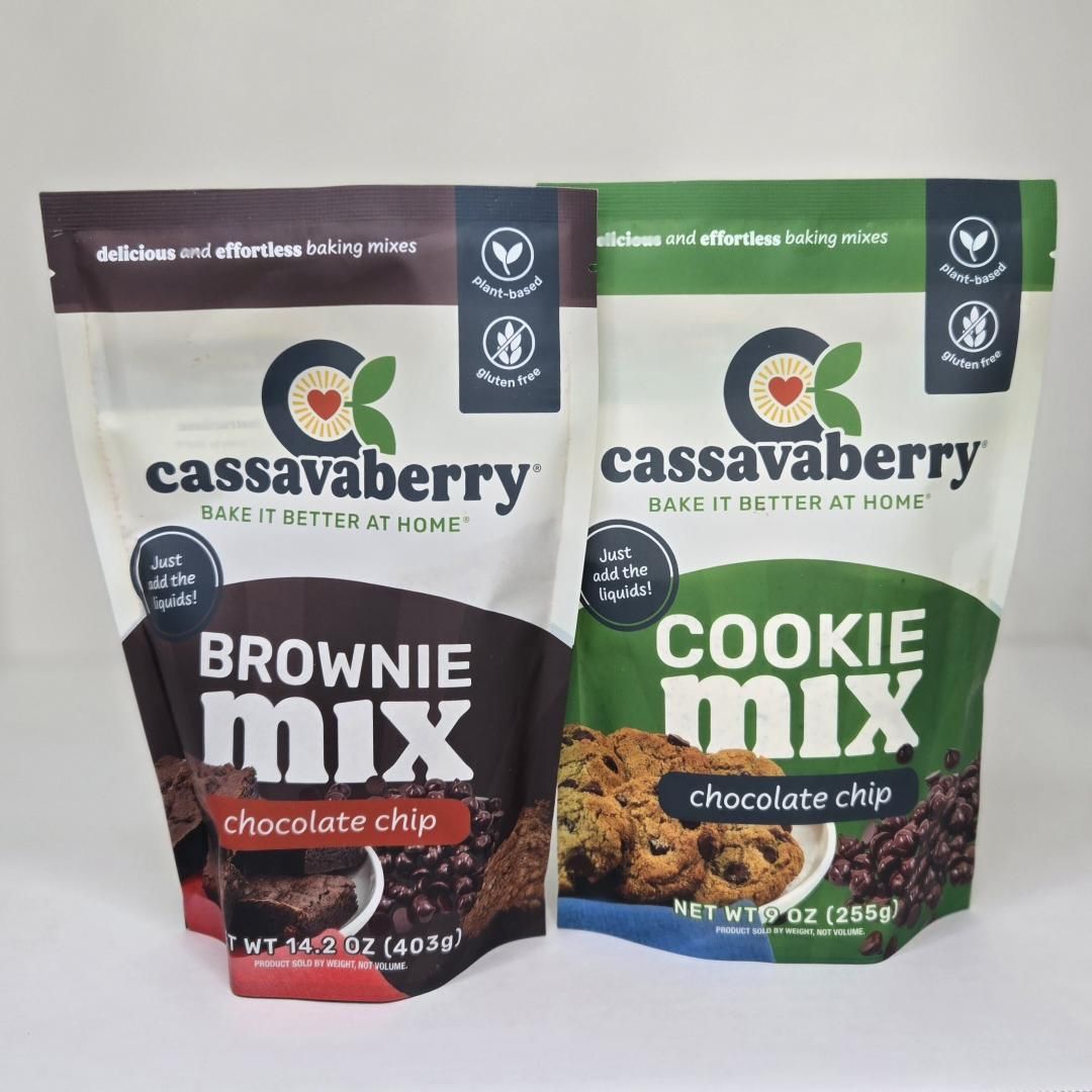 Cassavaberry Gluten Free, Grain Free, Plant Based Chocolate Chip Brookie Bundle packages. Contains one Chocolate Chip Cookie Mix and one Chocolate Chip Brownie Mix.