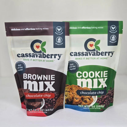 Cassavaberry Chocolate Chip Brookie Bundle packages. Contains one Chocolate Chip Cookie Mix and one Chocolate Chip Brownie Mix.