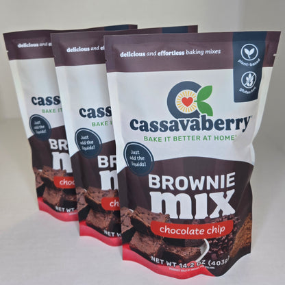 Three packages of Cassavaberry Brownie Mix on a white background