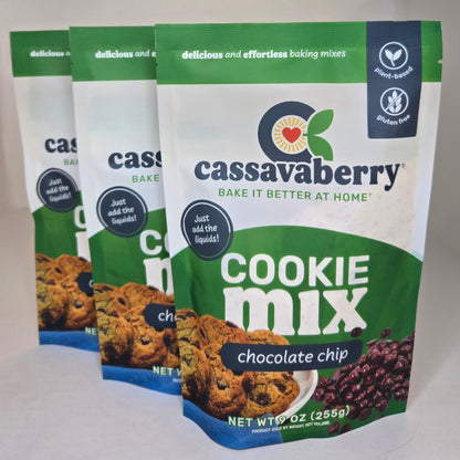 Three packages of Cassavaberry Cookie Mix on a white background