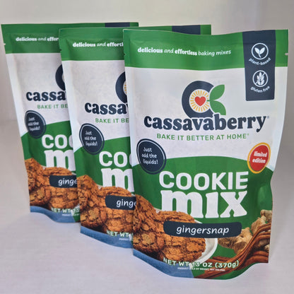 Three packages of Cassavaberry Gingersnap Cookie Mix on a white background