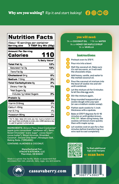 Cassavaberry Loaded Cookie Mix back of package.