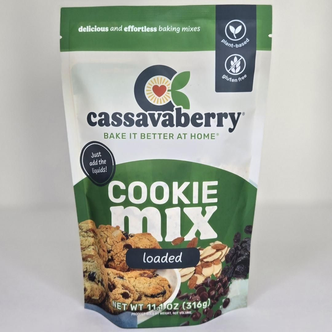 Cassavaberry Gluten Free, Grain Free, Plant Based Loaded Cookie Mix front of package.