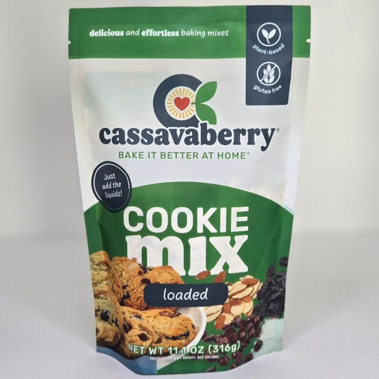 Cassavaberry Gluten Free, Grain Free, Plant Based Loaded Cookie Mix front of package.