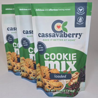 Three packages of Cassavaberry Cookie Mix on a white background