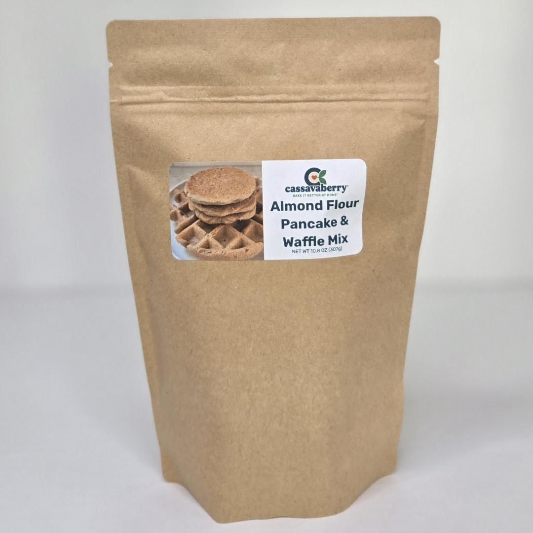 Cassavaberry Gluten Free, Grain Free, Plant Based Pancake & Waffle Mix front of package.