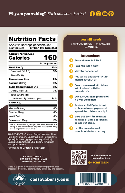 Pumpkin Spice Brownies Mix  back of package.
