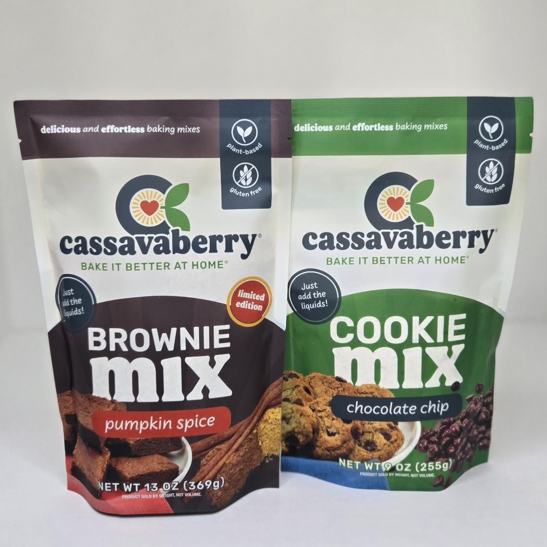 Cassavaberry Gluten Free, Grain Free, Plant Based Pumpkin Spice Brookie Bundle packages. Contains one Pumpkin Spice Brownie Mix and one Chocolate Chip Cookie Mix.