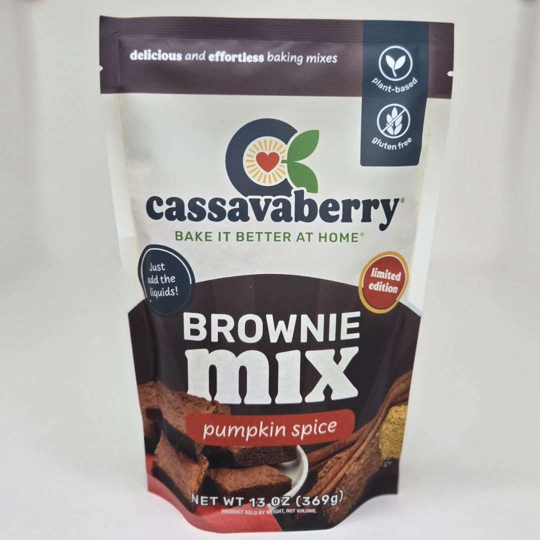 Cassavaberry Gluten Free, Grain Free, Plant Based Pumpkin Spice Brownie Mix front of package.