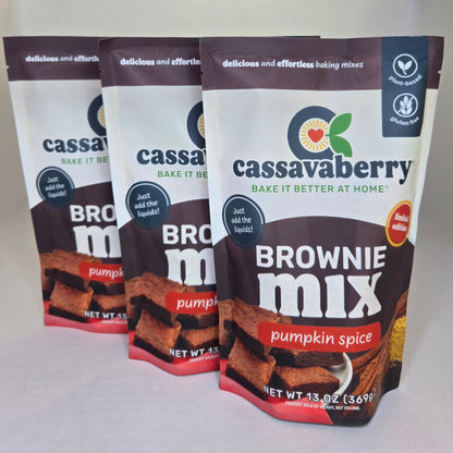 Three packages of cassavaberry pumpkin spice brownie mix on a white background
