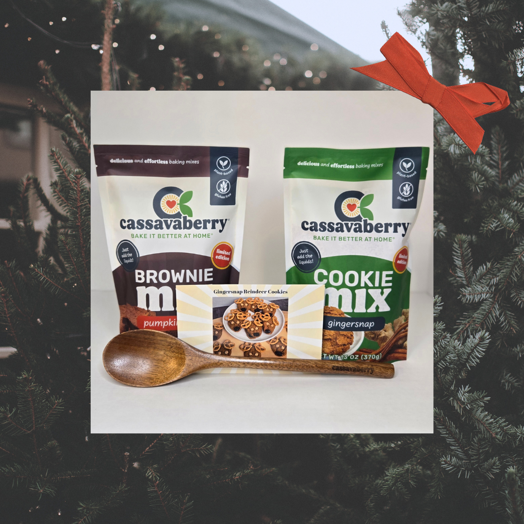 Cassavaberry Spicy Gift Mix. Contains one Gingersnap Cookie Mix, one Pumpkin Spice Brownie Mix, one Cassavaberry branded stirring spoon and one recipe card to make Gingersnap Reindeer Cookies. 