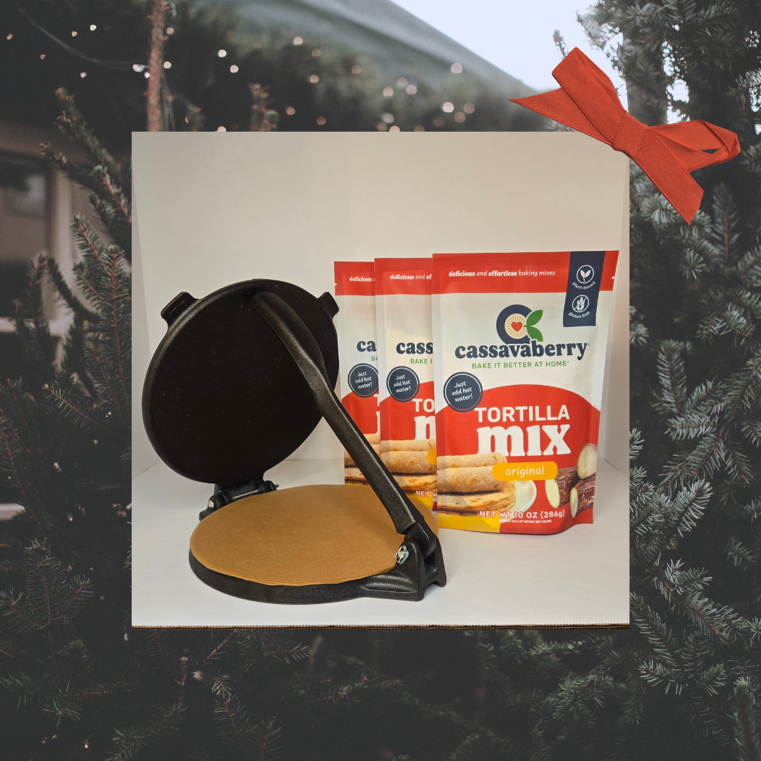 Cassavaberry Taco Night Gift Set. Contains 3 Tortilla Mixes, 10 Parchment Paper Circles and one 8" Cast Iron Tortilla Press. 