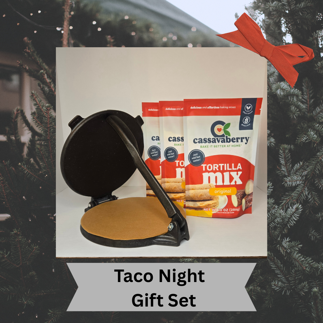 Taco Night Gift Set with tortilla press and 3 Cassavaberry tortilla mix packages against a Christmas tree background.