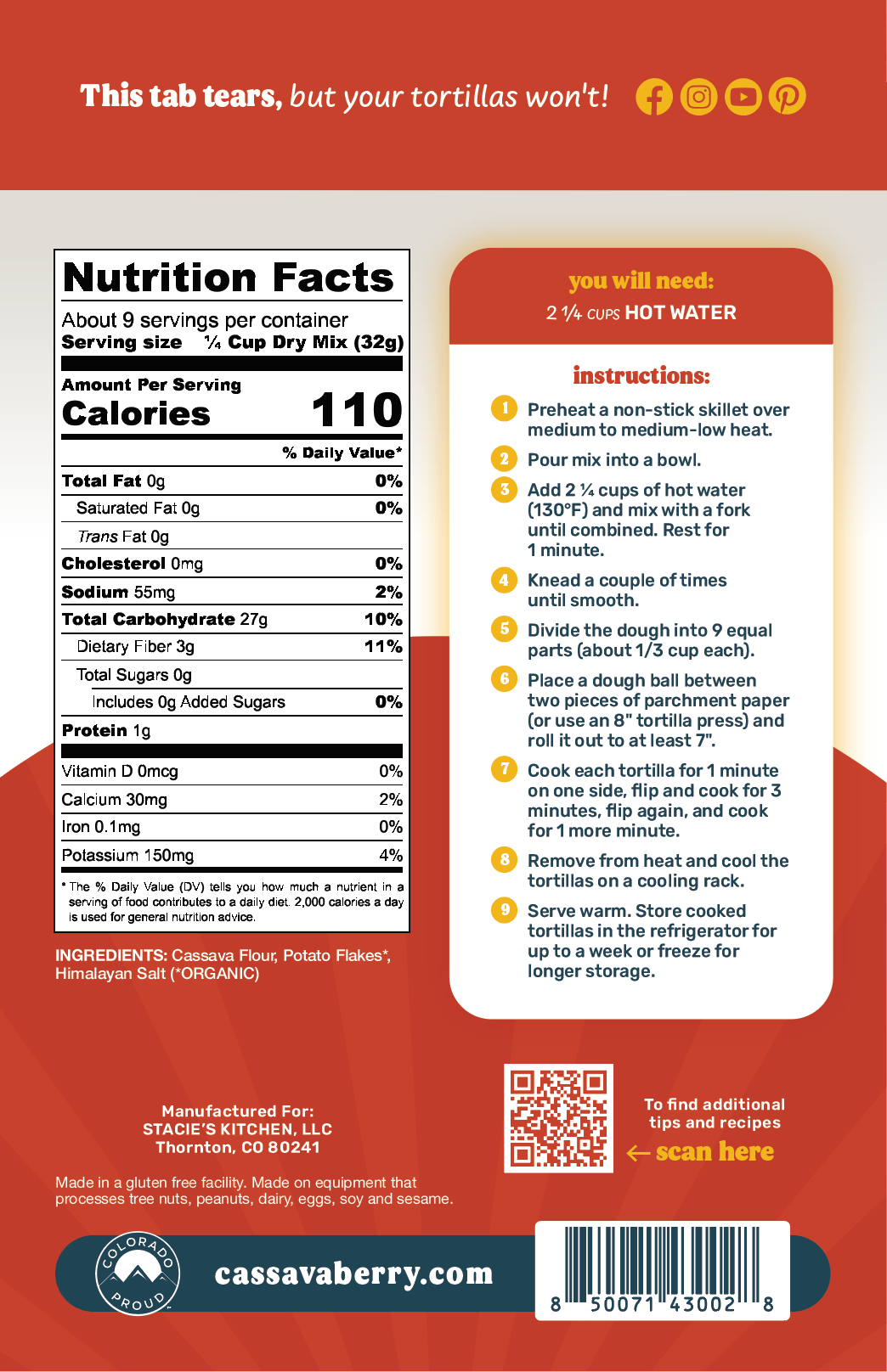 Cassavaberry Original Tortilla Mix, gluten free, grain free, plant based back of package. 